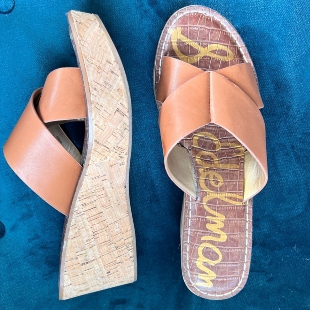 SAM EDELMAN REID CRISSCROSS LEATHER CORK WEDGE PLATFORM TAN SANDALS SIZE 9.5